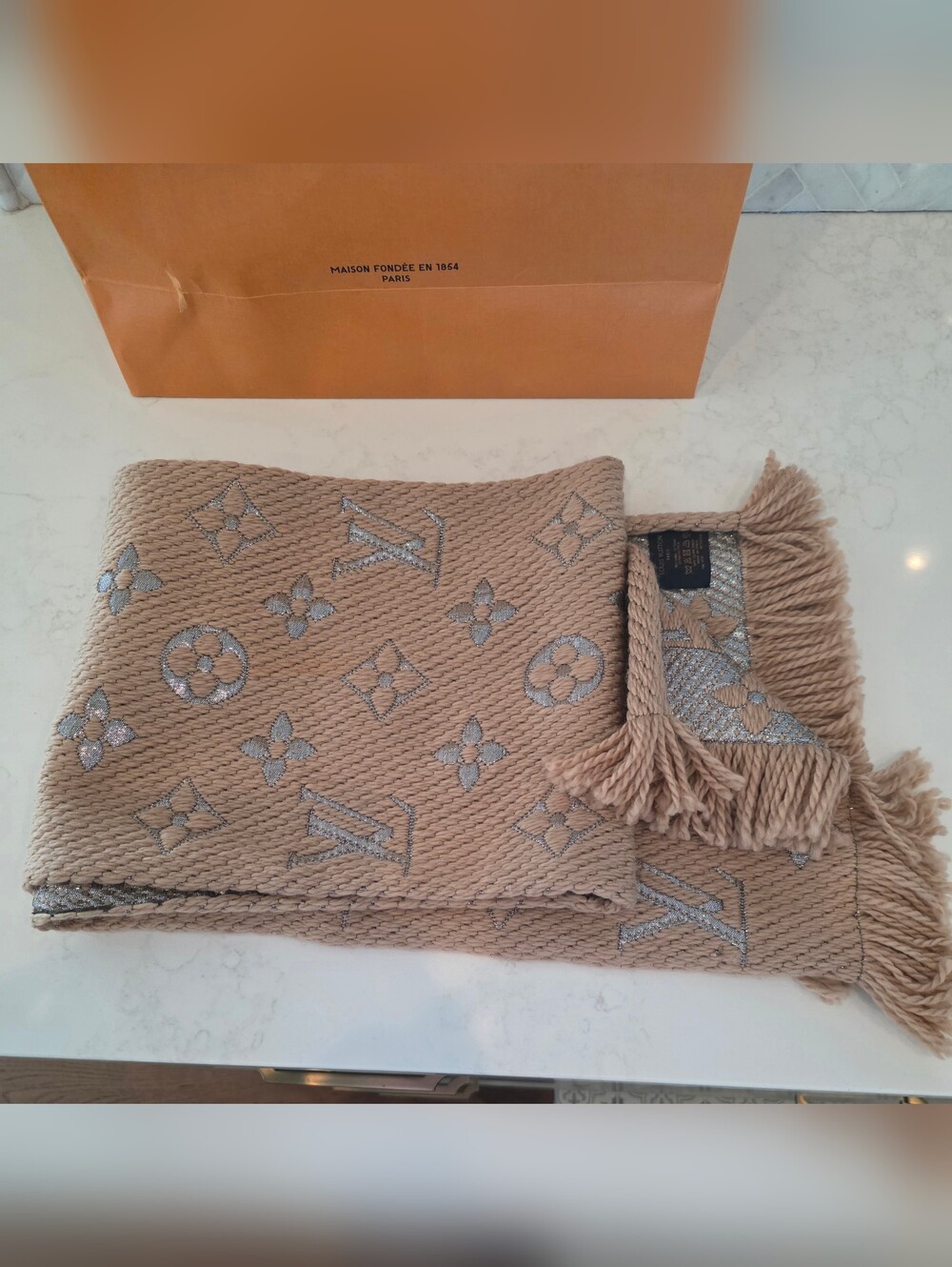 Authentic Like New Louis Vuitton Monogram Logomania Scarf Brown/Silver